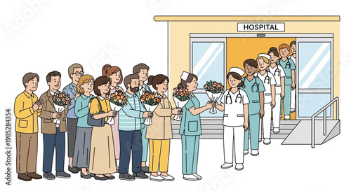 Happy People Giving Flowers To Nurses Outside Hospital