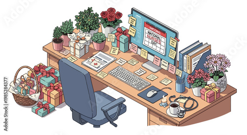 Desk Overflowing With Gifts and Plants Computer Screen Shows Calendar