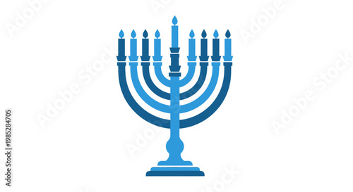Blue Hanukkah Menorah with Lit Candles on White Background - Jewish Holiday Symbol