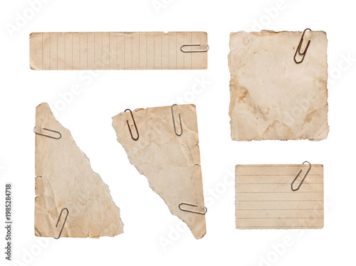 Konstfotografi Vintage collection of old, stained paper pieces with metal paper clips, featuring torn edges, isolated on transparent