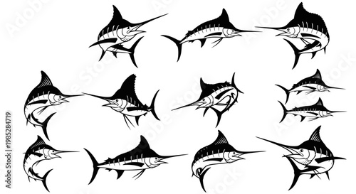 Collection of Marlin Fish Silhouettes, Fishing and Ocean Life Illustrations