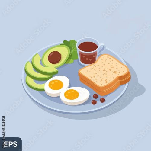 Healthy breakfast plate with avocado eggs and toast.