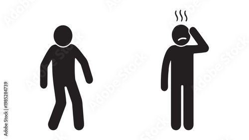 Sick person icon set showing dizziness, fever, and physical weakness symptoms.