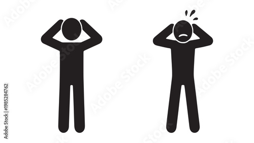 Man holding head in panic and stress icon set. Concept of headache, mental health problems, and psychological distress. Solid vector illustration.