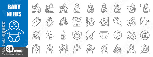 Set of baby needs and postnatal care line icons. Includes newborn care, breastfeeding, family bonding, pediatric checkups, and infant essentials. Editable stroke. Vector illustration.