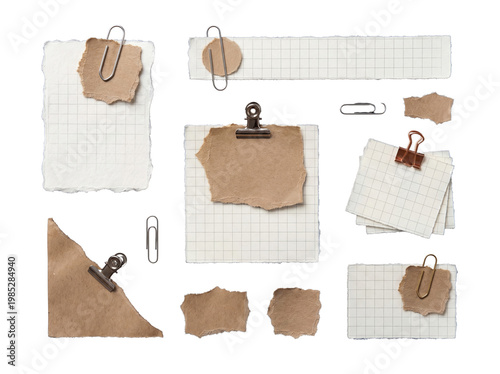 Obraz na plátně Isolated blank paper notes: grid, kraft, and textured, with various metal clips for design