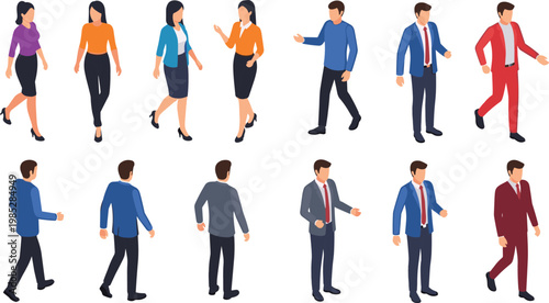 Business people walking character set, flat vector illustration of office workers in different poses and angles isolated
