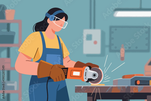 Illustration Of A Professional Female Worker Wearing A Protective Mask Cutting Wood With A Power Tool Vector Design Template