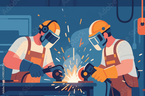 Illustration Of Two Men Using An Electric Circular Saw To Cut Wood In A Workshop Vector Design Template