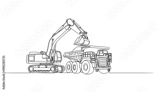 Continuous one line drawing excavator loading dump truck mining scene vector illustration