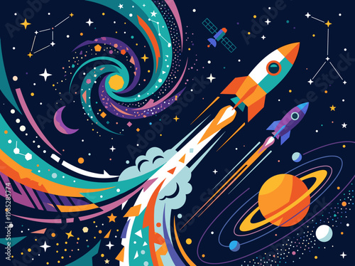 Colorful rocket launching into space with planets and stars  