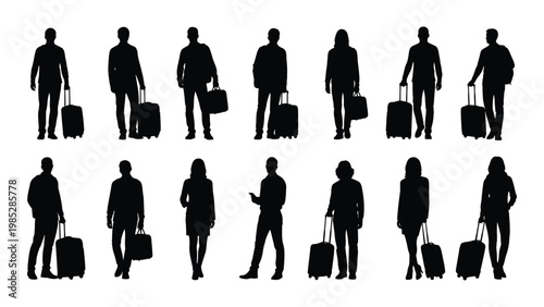 A collection of diverse silhouette figures predominantly people walking with luggage and briefcases high quality professional