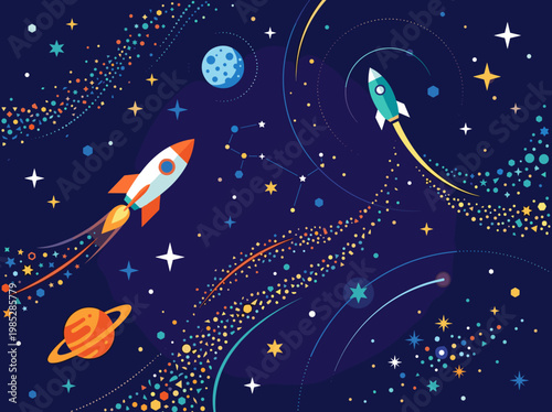 Colorful space rockets flying through galaxy with stars and planets  