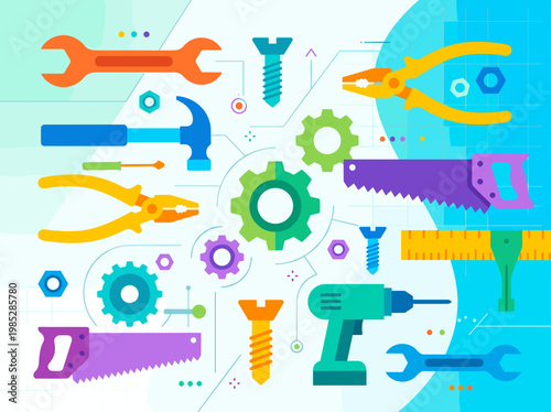Colorful abstract tools and gears in flat design style  