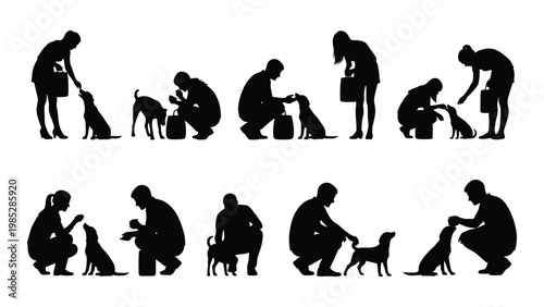 Silhouettes depict people interacting with dogs showcasing companionship and care in a simple graphic style