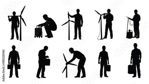 Silhouettes of wind turbine technicians performing maintenance and inspections on renewable energy infrastructure high quality professional