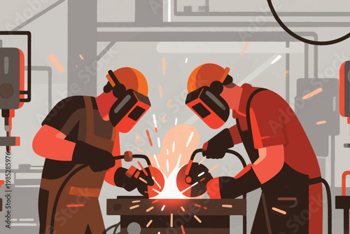 Illustration Of Two Professional Workers Wearing Protective Masks Cutting Wood With Power Tools Vector Design Template