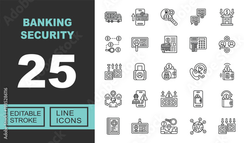 Banking Security line icon set. Exclusive Banking Security line icon collection. Containing armored, credit, verification, chat, deposit, tracking, identity, statement, terminal. Editable stroke.