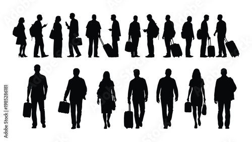 A collection of black silhouettes depicting people walking and carrying luggage representing travel and commuting