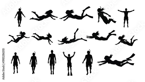 A collection of silhouette figures depicts people swimming diving and enjoying water activities high quality professional