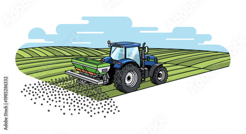 Tractor sowing seeds in a cultivated field, agricultural machinery, farming illustration