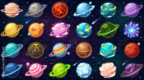 Comprehensive Cartoon Planet Vector Element Set - 24 Diverse Galactic Worlds for Games and Space Design
