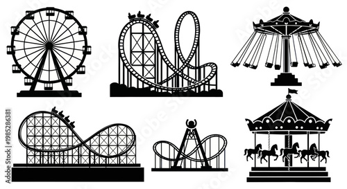 Amusement Park Rides Silhouette Collection - Ferris Wheel, Roller Coaster, Carousel