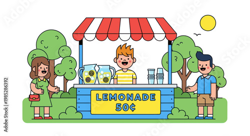 Child selling lemonade at a sunny outdoor stand, summer business concept