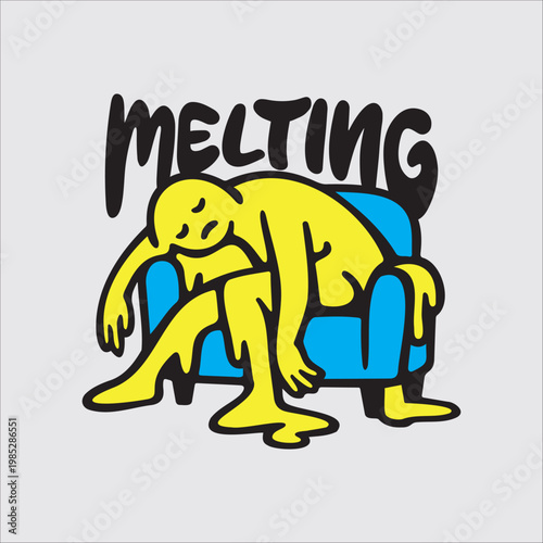 Yellow melting figure slumping in a blue armchair with MELTING text.