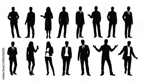 A collection of silhouetted business people in formal attire standing in various poses and arrangements