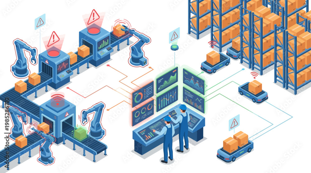 Obraz premium Isometric Smart Warehouse Automation with Robotic Arms and Workers Monitoring Digital Supply Chain Logistics, Industry 4.0 Concept for Industrial Manufacturing and Distribution Center Management