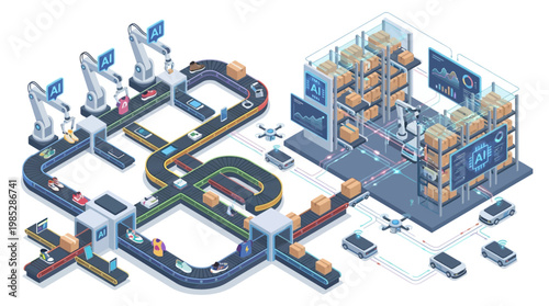 Isometric Smart Warehouse with AI Robotic Arms and Automated Conveyor Belt System for Industrial Logistics and Digital Supply Chain Management
