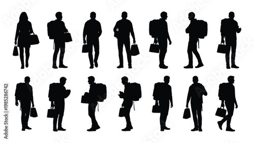Silhouettes of diverse people carrying shopping bags representing consumers and retail activity high quality professional detailed