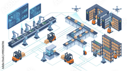 Isometric Smart Warehouse and Automated Factory Assembly Line with Robotics, Forklifts, and Digital Supply Chain Logistics for Industrial Technology Presentation
