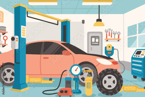 Illustration Of A Car Service Workshop Work Area With Professional Workshop Equipment Vector Design Template