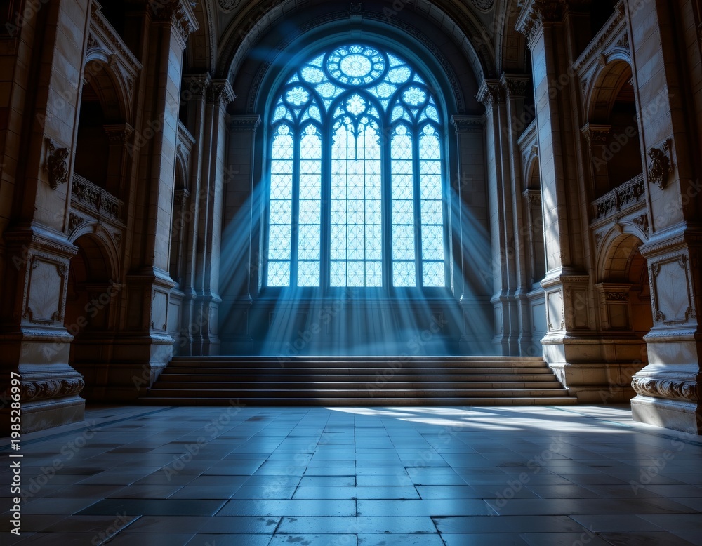 Obraz premium Mystical Medieval Hall with Blue Light and Stained Glass