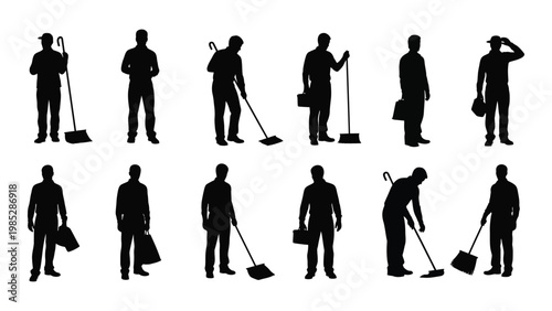 Silhouettes of various janitorial workers performing cleaning tasks including sweeping and carrying equipment high quality professional