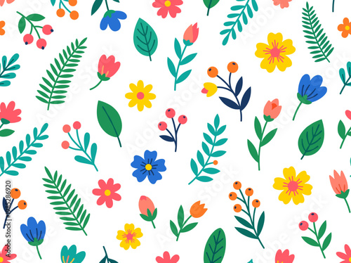 Colorful floral pattern with various flowers and leaves on white background  
