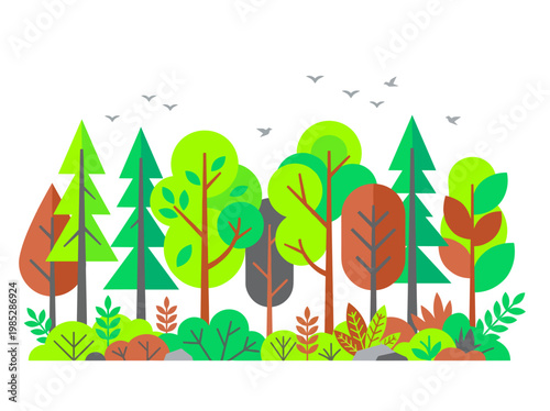 Colorful abstract forest landscape with trees and flying birds  