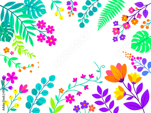 Colorful floral background with various leaves and flowers in a frame  