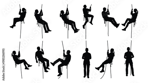 Silhouettes of people rappelling and ascending ropes in various dynamic positions high quality professional detailed modern