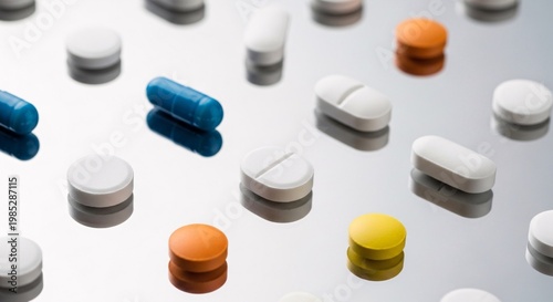 Colorful Pharmaceutical Tablets and Capsules with Reflections