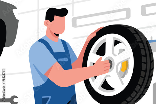 Illustration Of A Professional Male Technician Carrying A Tire To Replace A Damaged Car Tire Vector Design Template