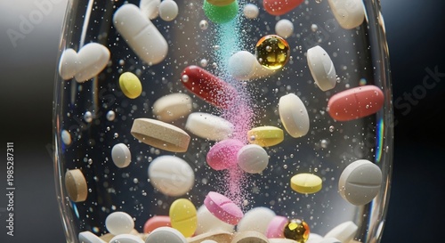 Assorted Medication Pills and Capsules Dissolving in Water with Bubbles