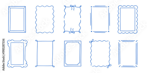 Frame border hand drawn line set. Frame border line hand drawn doodle rectangle vintage wavy bow picture. Cute whimsical decoration scallop squiggly curly wedding invitation. Vector illustration