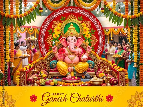 Lord Ganesha Statue with Decorations for Ganesh Chaturthi Festival