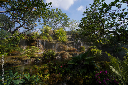 Obraz na plátne Tropical moss and fern garden with unique waterfalls and humid loving plants and