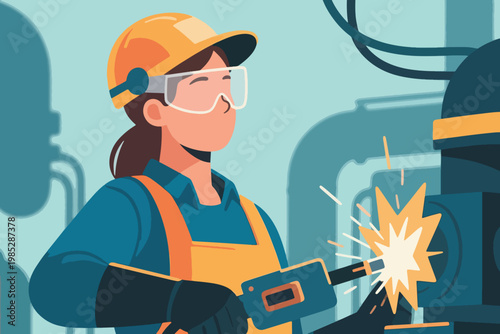 Illustration Of A Female Industrial Worker Welding With Sparks In A Factory Environment Vector Design Template