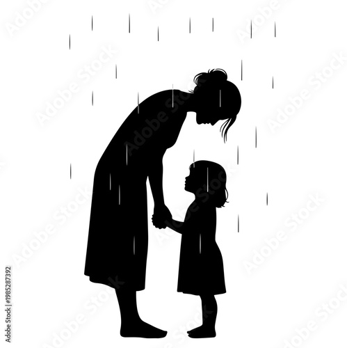 Silhouette of mother and child holding hands in rain Minimalist Melancholic