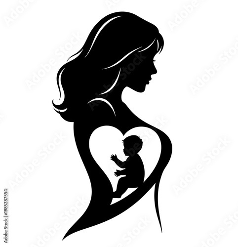 Minimalist Silhouette of Loving Mother with Baby in Heart Shaped Womb